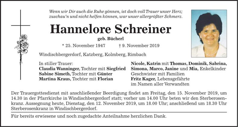 Traueranzeige Hannelore Schreiner