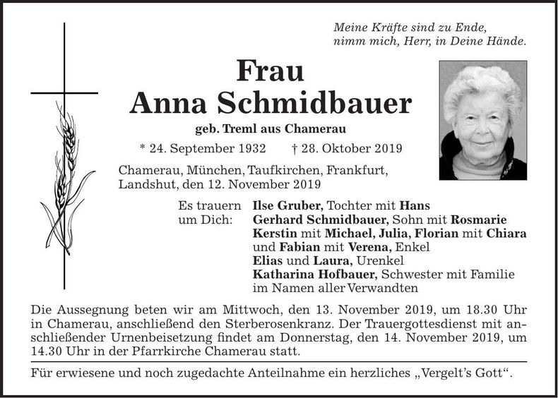 Traueranzeige Anna Schmidbauer