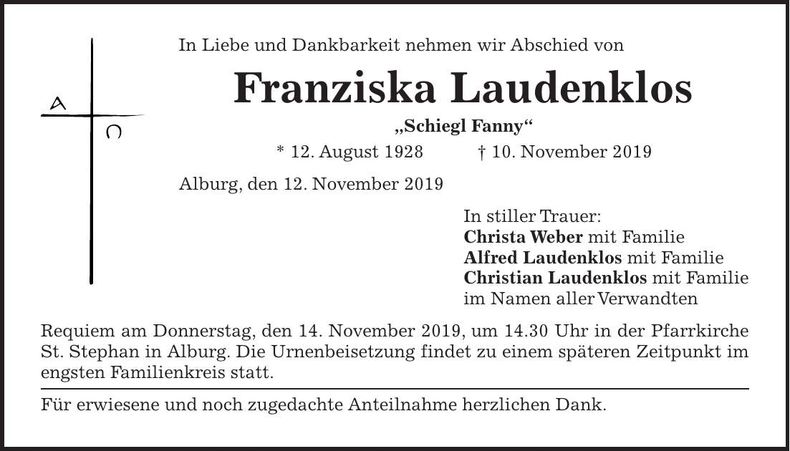 Traueranzeige Franziska Laudenklos