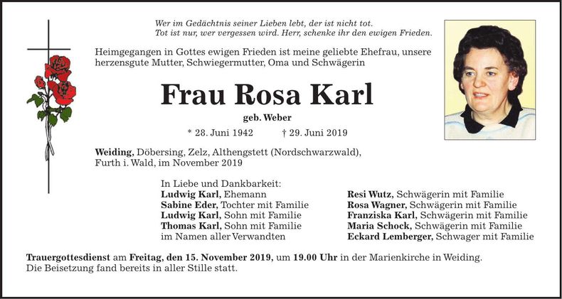 Traueranzeige Rosa Karl