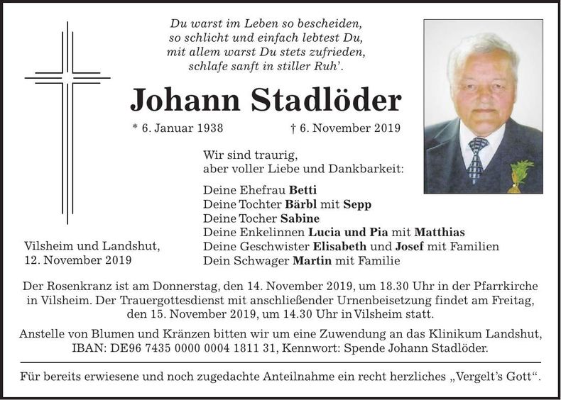 Traueranzeige Johann Stadlöder
