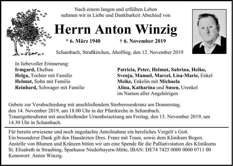 Traueranzeige Anton Winzig