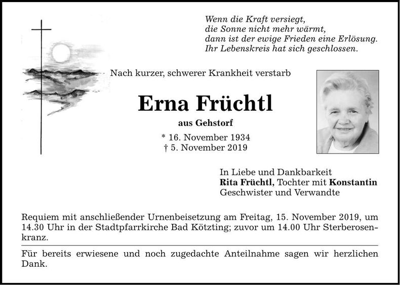 Traueranzeige Erna Früchtl