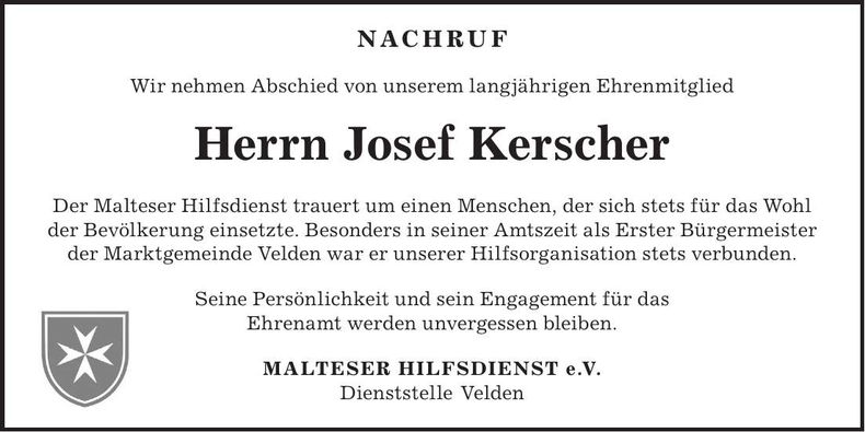 Traueranzeige Josef Kerscher