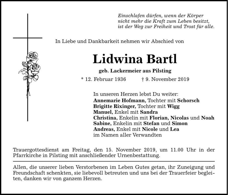 Traueranzeige Lidwina Bartl