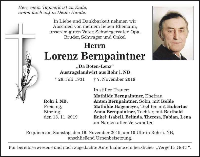 Traueranzeige Josef Bernpaintner