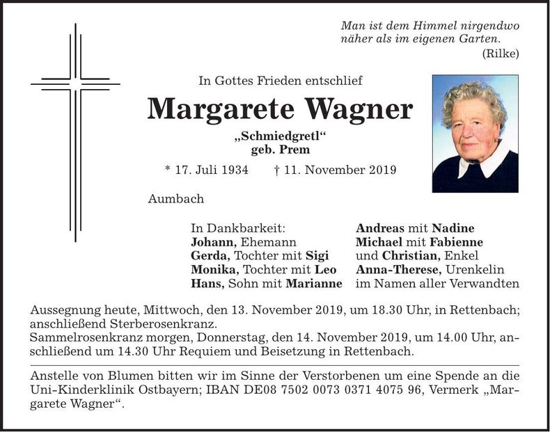 Traueranzeige Margarete Wagner