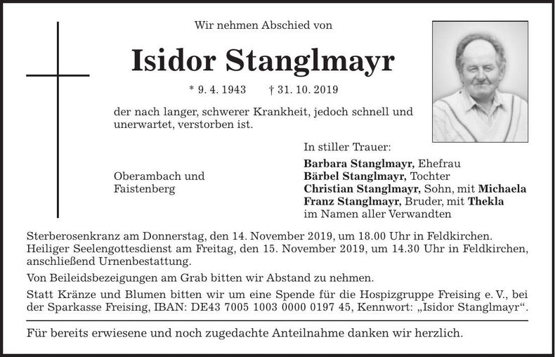 Traueranzeige Isidor Stanglmayr