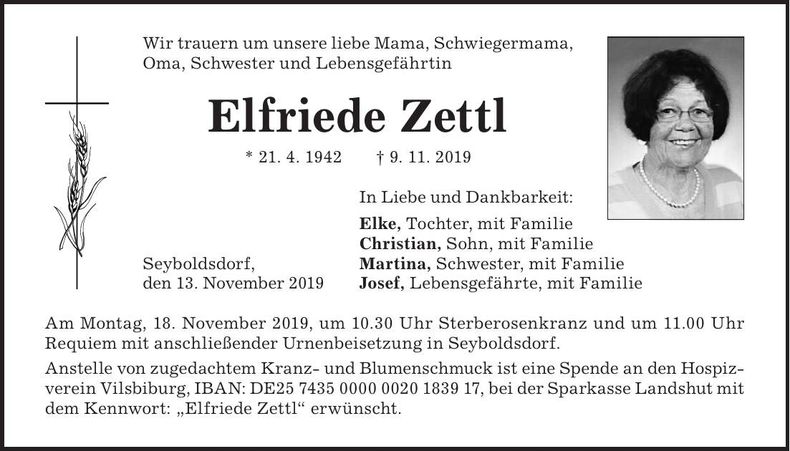 Traueranzeige Elfriede Zettl