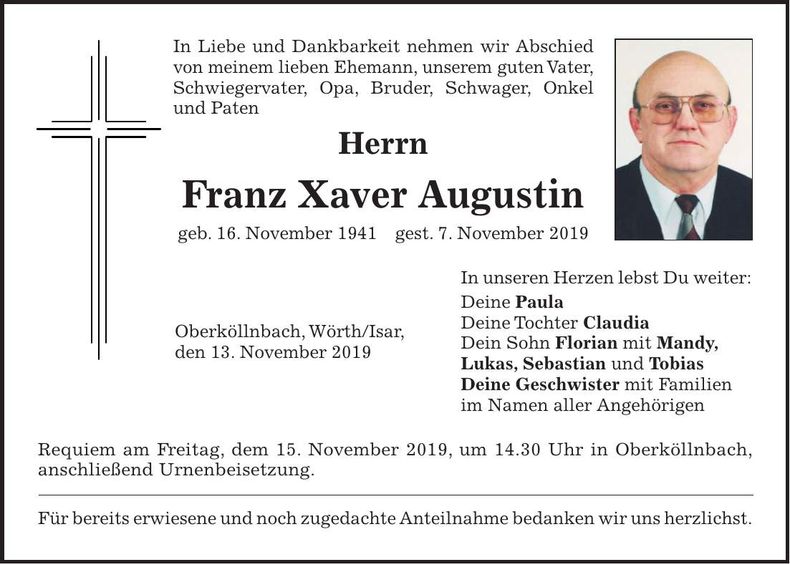 Traueranzeige Franz Xaver Augustin