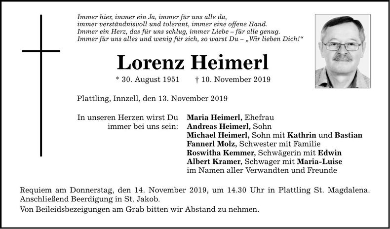 Traueranzeige Lorenz Heimerl