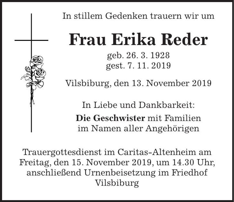 Traueranzeige Erika Reder