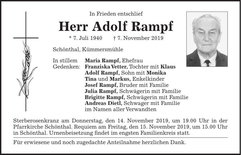 Traueranzeige Adolf Rampf