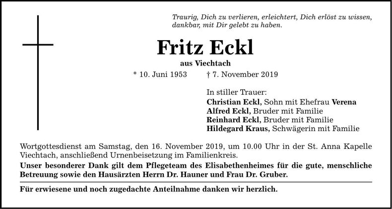 Traueranzeige Fritz Eckl