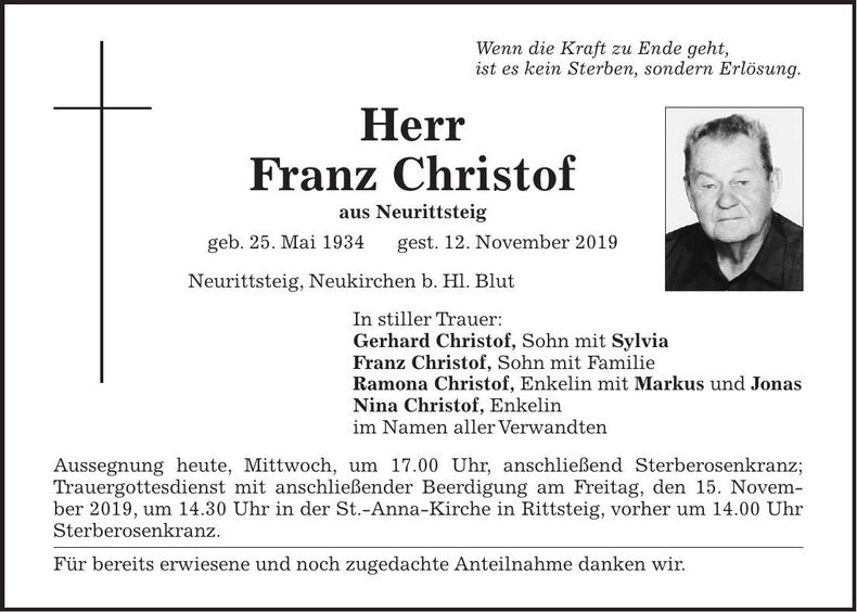 Traueranzeige Franz Christof