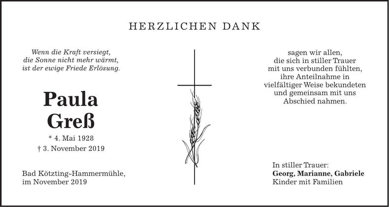 Traueranzeige Paula Greß