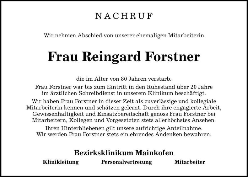 Traueranzeige Reingard Forstner