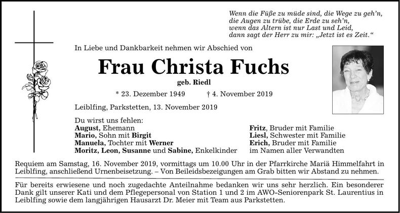 Traueranzeige Christa Fuchs