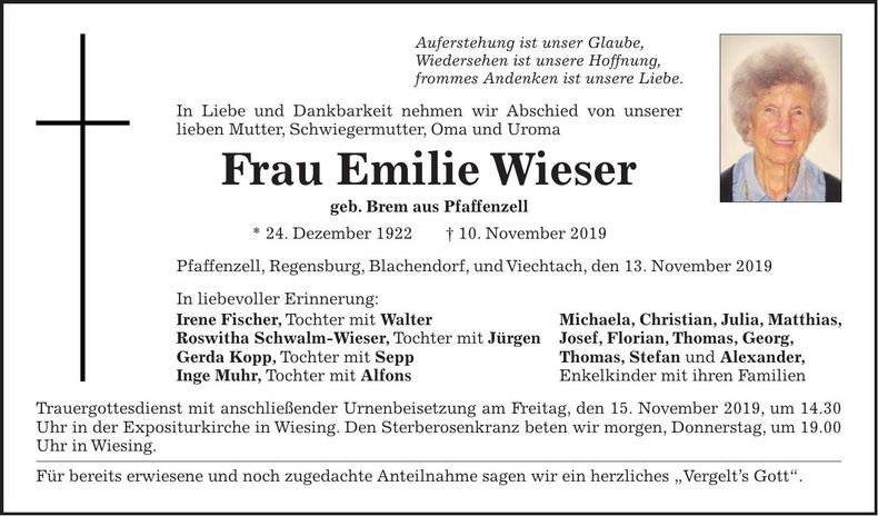 Traueranzeige Emilie Wieser