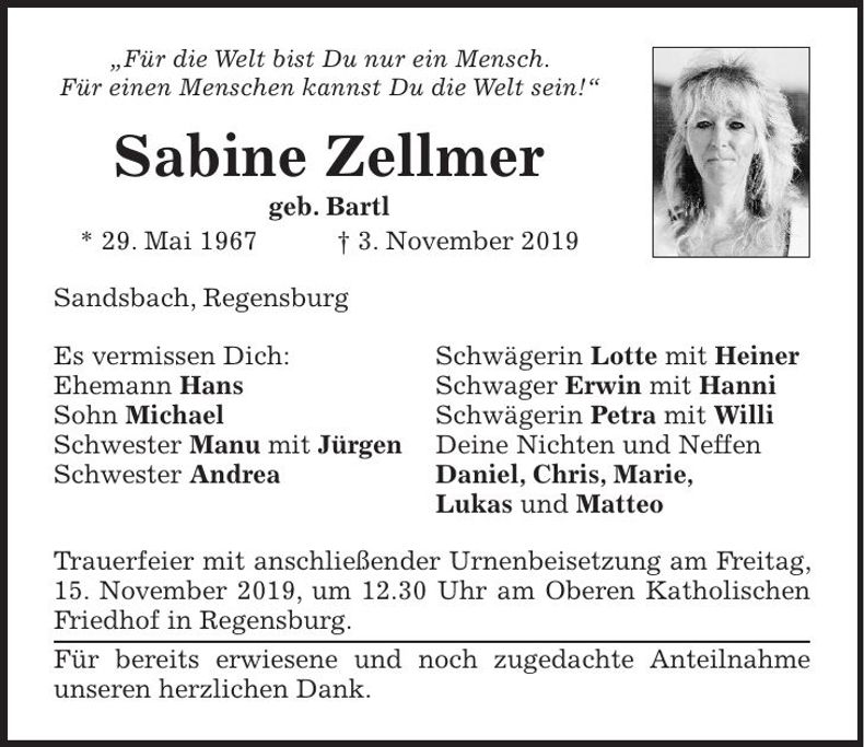 Traueranzeige Sabine Zellmer