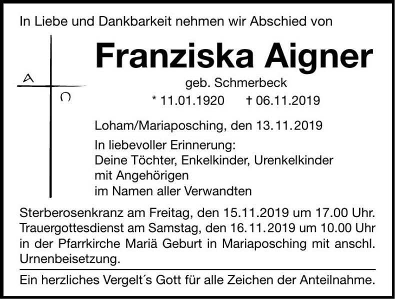 Traueranzeige Franziska Aigner