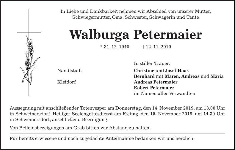 Traueranzeige Walburga Petermaier