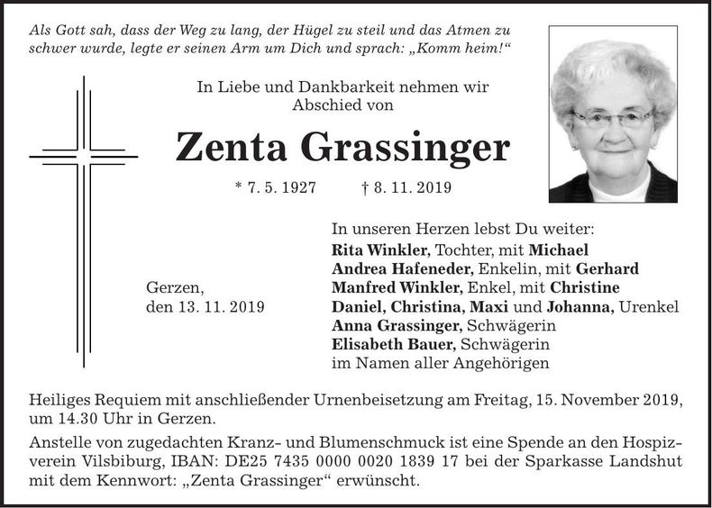 Traueranzeige Zenta Grassinger