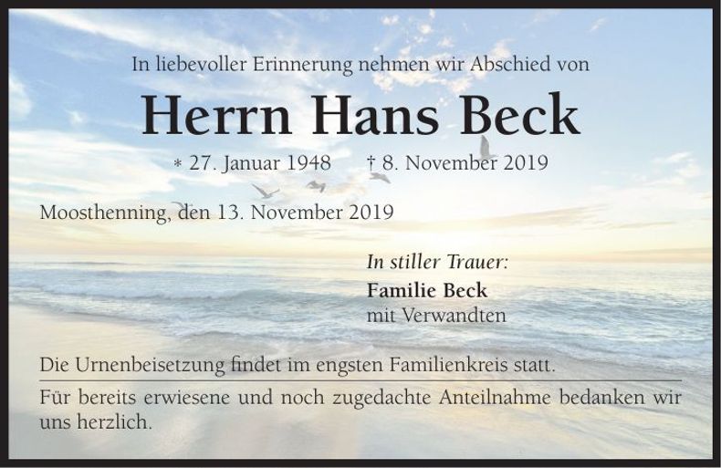 Traueranzeige Hans Beck