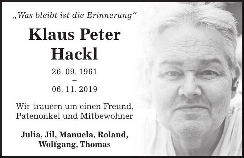 Traueranzeige Klaus Peter Hackl