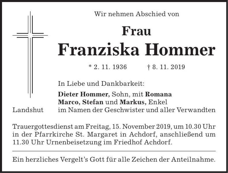 Traueranzeige Franziska Hommer