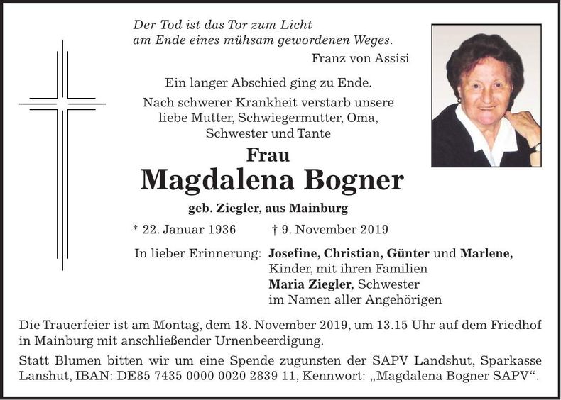Traueranzeige Magdalena Bogner