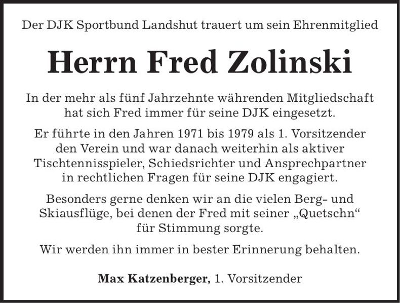 Traueranzeige Fred Zolinski