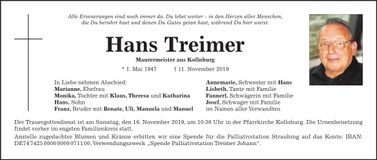 Traueranzeige Hans Treimer