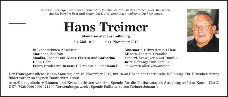 Traueranzeige Hans Treimer