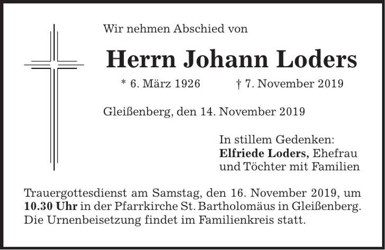 Traueranzeige Johann Loders