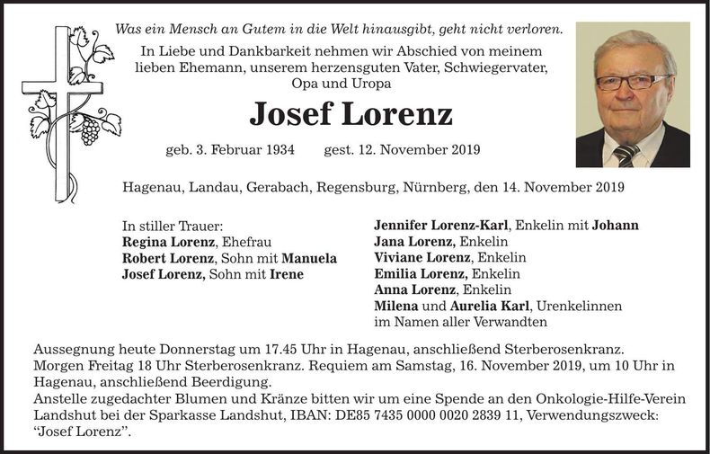 Traueranzeige Josef Lorenz