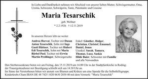 Traueranzeige Maria Tesarschik