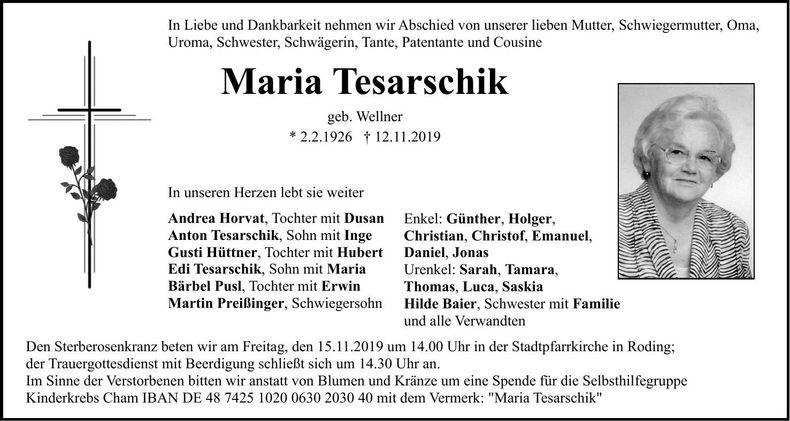 Traueranzeige Maria Tesarschik