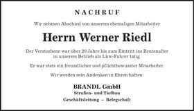 Traueranzeige Werner Riedl