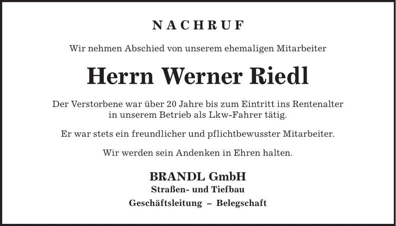 Traueranzeige Werner Riedl