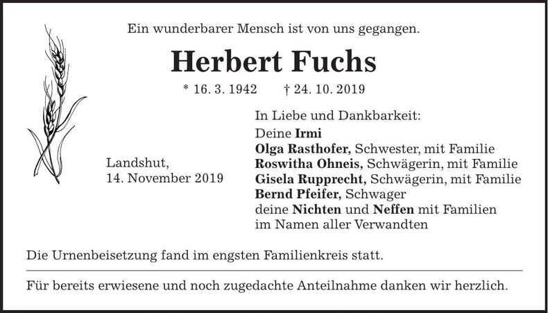 Traueranzeige Herbert Fuchs