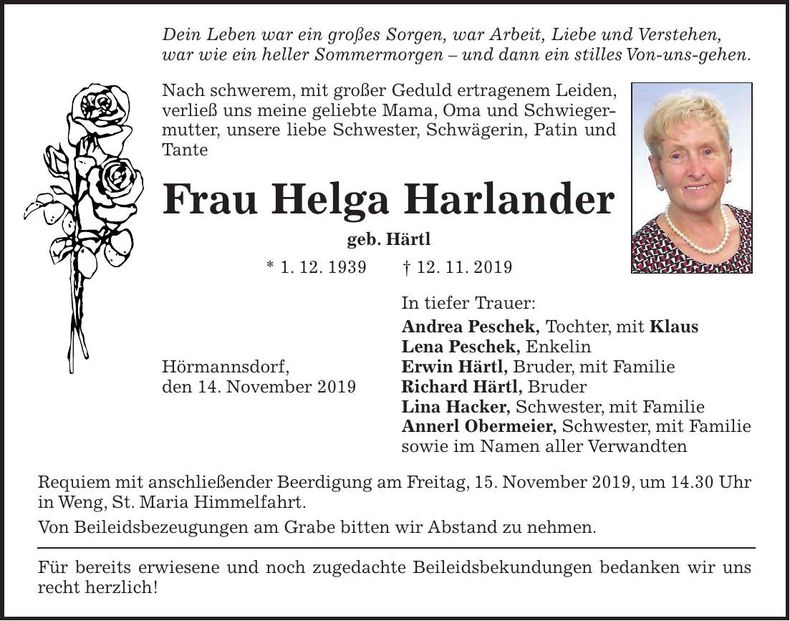 Traueranzeige Helga Harlander
