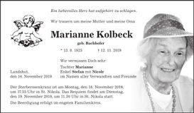 Traueranzeige Marianne Kolbeck