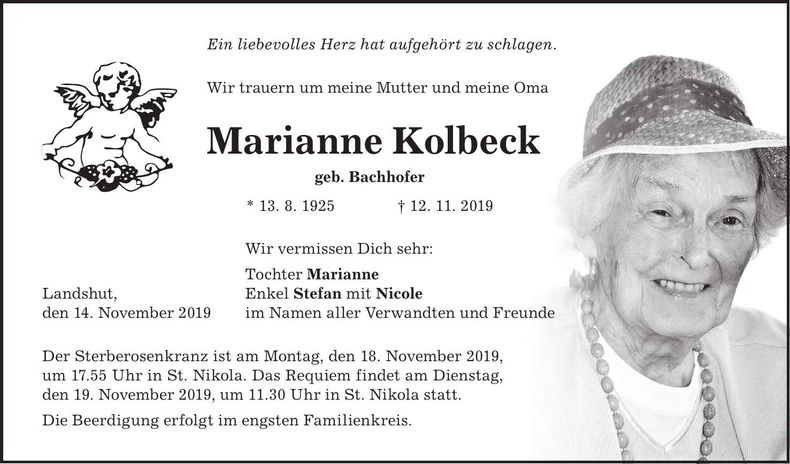 Traueranzeige Marianne Kolbeck