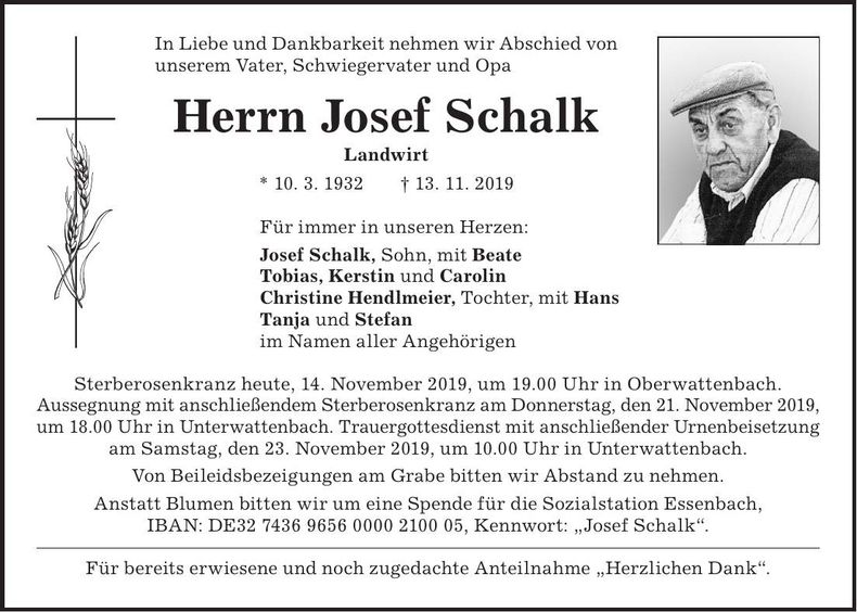 Traueranzeige Josef Schalk