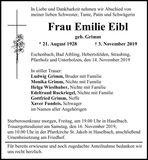 Traueranzeige Emilie Eibl