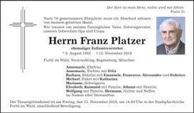 Traueranzeige Franz Platzer