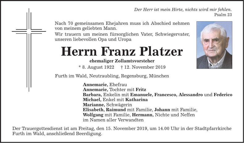 Traueranzeige Franz Platzer