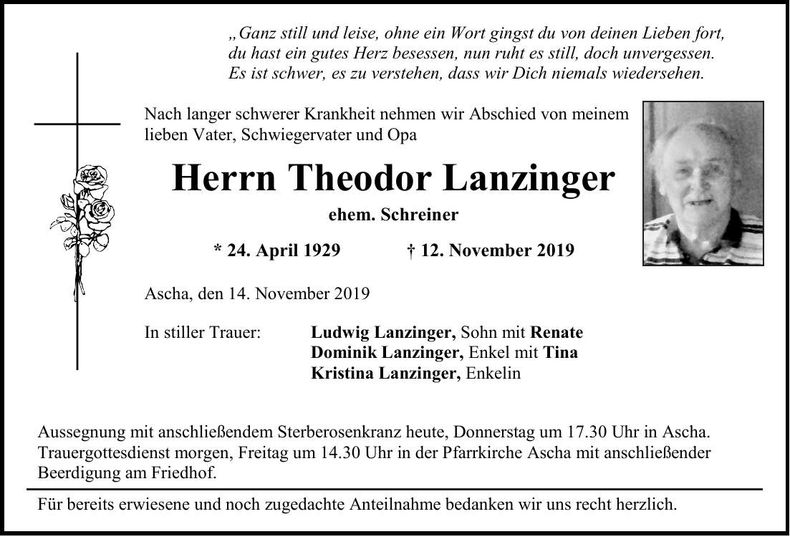 Traueranzeige Theodor Lanzinger