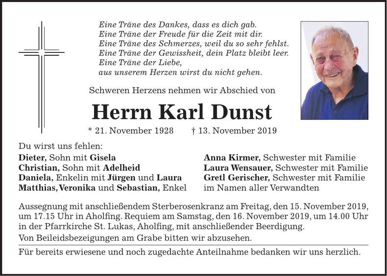 Traueranzeige Karl Dunst